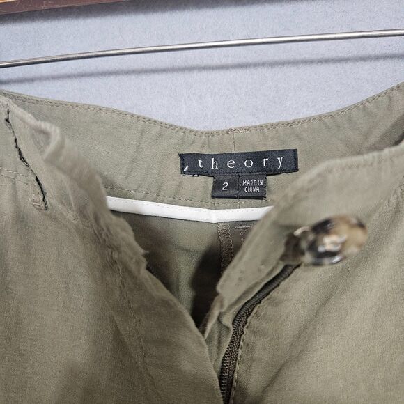 theory Sz 2 Linen Blend Safari Shorts Bermuda Legnth Cuffed Roll Tab Drab Green - Picture 2 of 8